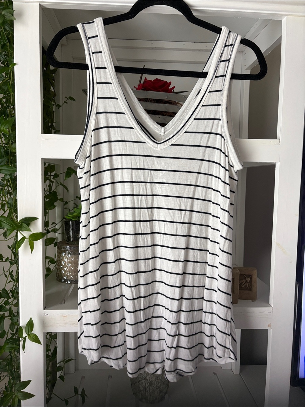 Women’s White & Black Striped V-Neck Tank Top - Picture 2 of 8